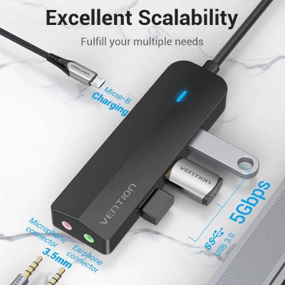 Концентратор Vention USB 3.1 Type-C to 3xUSB 3.0+MicroUSB+3.5mm Sound Adapter black (TGQBB)