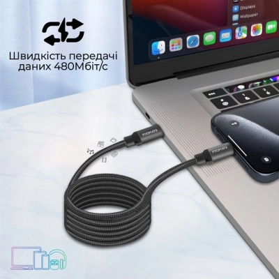 Дата кабель USB-C to USB-C springy.black Promate (springy.black)