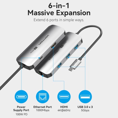 Концентратор Vention USB 3.1 Type-C to HDMI 4K60Hz/USB 3.0x3/RJ45/PD 100W 6-in-1 (TQHHB)