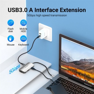 Концентратор Vention USB3.1 Type-C --> HDMI/VGA/USB 3.0/PD 100W Hub 4-in-1 (TOAHB)