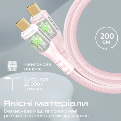 Дата кабель USB-C to USB-C transline-cc200.pink Promate (transline-cc200.pink)