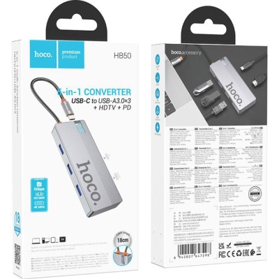 Концентратор HOCO USB-C to HDMI+PD+3xUSB3.0 HB50 Deep Space Gray (6942007647298)