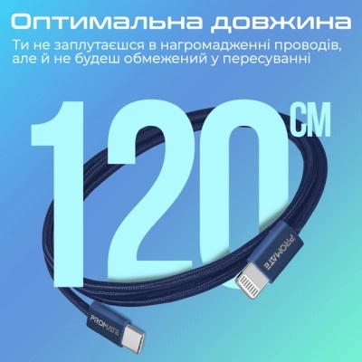 Дата кабель USB-C to Lightning ecoline-ci120.navy Promate (ecoline-ci120.navy)