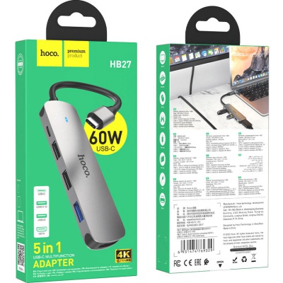 Концентратор HOCO USB-C to HDMI+USB3.0+2xUSB2.0+PD HB27 Metal Gray (6931474769329)