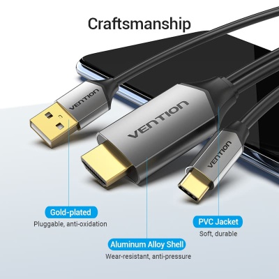 Кабель мультимедійний USB-C 3.1 to HDMI 1.5m v.2.0 4K 60Hz USB Power Supply black Vention (CGTBG)