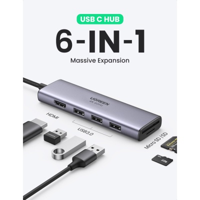 Концентратор Ugreen USB3.1 Type-C to HDMI 4K60Hz/USB 3.0х2/SD/TF/PD 100W 5-in-1 CM511 (60383)