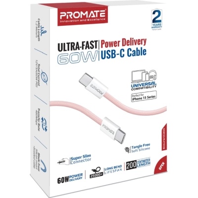 Дата кабель USB-C to USB-C ecoline-cc200.pink Promate (ecoline-cc200.pink)