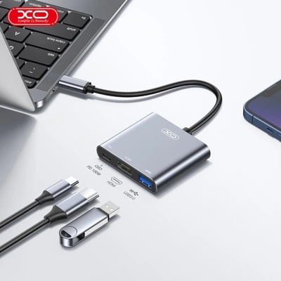 Концентратор XO USBC to USBCPD100W + HDMI 4K30Hz + USB 3.0 grey (HUB011.tranish)
