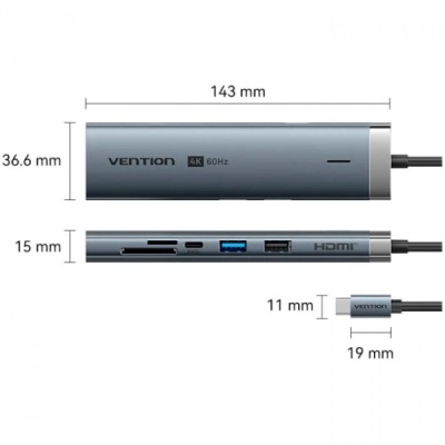 Концентратор VENTION USB-C 8-in-1 HDMI + USB 3.0 + USB 2.0 + RJ45 + SD/TF + PD 100W (TGUHB)