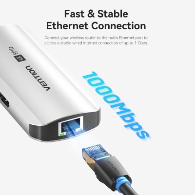 Концентратор Vention USB 3.1 Type-C to HDMI 4K60Hz/USB 3.0x3/RJ45/PD 100W 6-in-1 (TQHHB)