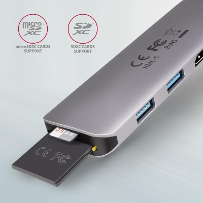Концентратор AXAGON USB-C to 2xUSBA + HDMI + SD/microSD + USB-C PD 100W 0.2m grey (HMC-5)
