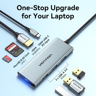 Концентратор Vention USB 3.1 Type-C to HDMI/USB 3.0x3/SD/TF/PD 100W 7-in-1 (TOPHB)