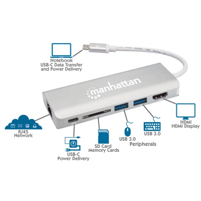 Концентратор Intracom USB3.1 Type-C to HDMI/USB 3.0x2/RJ45/SD/PD 60W Hub 7-in-1 Manhattan (152075)