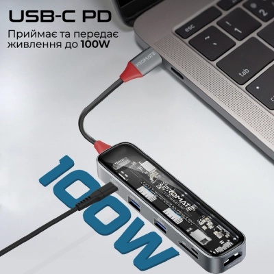 Концентратор Promate USB-C 8-in-1 USB-C PD100W + HDMI 4K60Hz + USBC + 2xUSB 3.0 + RJ45 1000Mbps + SD/MicroSD grey (transhub-mini)