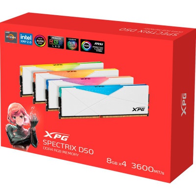 Модуль пам'яті для комп'ютера DDR4 32GB (4x8GB) 3600 MHz XPG Spectrix D50 RGB White ADATA (AX4U36008G18I-QCWH50)