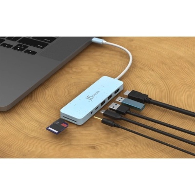 Концентратор J5create USB-C 6-in-1 2xUSB 3.2 + USB-C PD + HDMI 4K + SD/TF + 3.5mm cyan (JCD373EC-N)