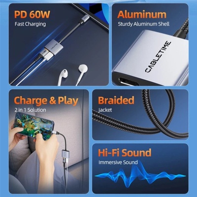 Перехідник USB-C M to USB-C F Audio + USB-C F PD60W Cabletime (CA915781)