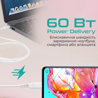 Дата кабель USB-C to USB-C powerlink-cc120.white Promate (powerlink-cc120.white)