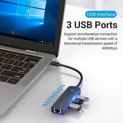 Концентратор Vention USB 3.1 Type-C to 3xUSB 2.0+MicroUSB+RJ45 100M Ethernet black (TGOBB)