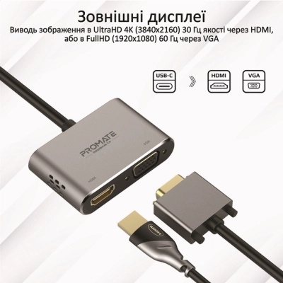 Перехідник USB-C to HDMI/VGA mediahub-c2.grey Promate (mediahub-c2.grey)