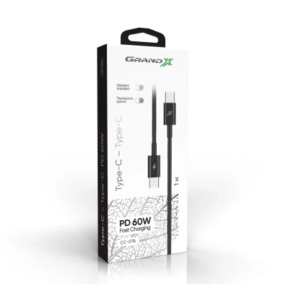 Дата кабель USB-C to USB-C 1.0m 60W CC-07B Black Grand-X (CC-07B)