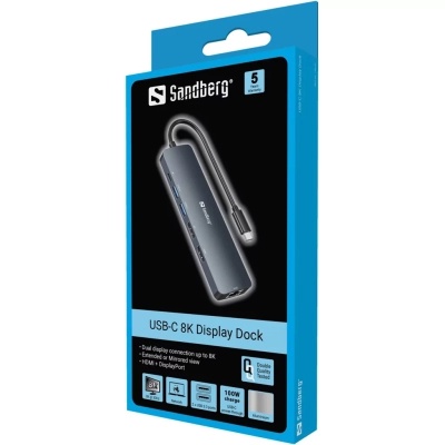 Концентратор Sandberg USB3.1 Type-C to HDMI/USB 3.0x2/RJ45/USB-C/DisplayPort PD 100W Hub 6-in-1 (136-43)