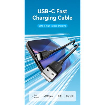 Дата кабель USB 2.0 AM to Type-C 1.5m 3.0A (18W) PVC black Vention (CTHBG)