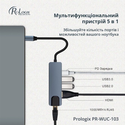 Концентратор Prologix USB3.1 Type C to HDMI+2*USB3.0+USB C PD+Lan (PR-WUC-103B)