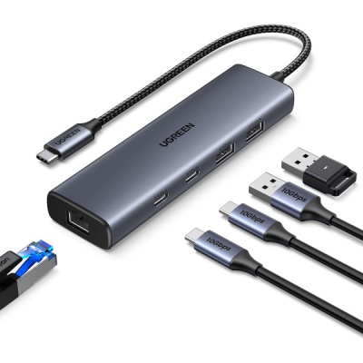 Концентратор Ugreen USB-C to 1xUSB-A 3.2 + 1xUSB-A 2.0 + 2xUSB-C 3.2 + RJ45 + PD CM512 gray (45320)