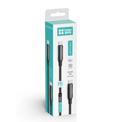 Дата кабель USB-C to USB-C 1.0m (PVC+Aluminum Alloy) (PD Fast Charging 240W) 5А black ColorWay (CW-CBPDCC069-BK)