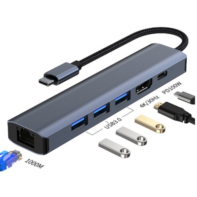 Концентратор Dynamode 7-in-1 USB-C to HDTV 4K/30Hz, 2хUSB3.0, RJ45, USB-C PD 100W, SD/MicroSD (BYL-2303)