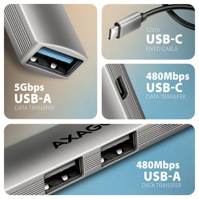 Концентратор AXAGON USB-C to 1xUSB-A 5Gbps + 2xUSB-A 480Mbps + 1xUSB-C 480Mbps 0.12m aluminum (HUE-STC)