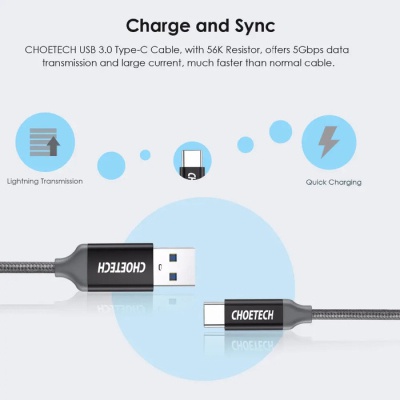 Дата кабель USB 3.0 AM to Type-C 1.0m 2.4A Choetech (AC0007)