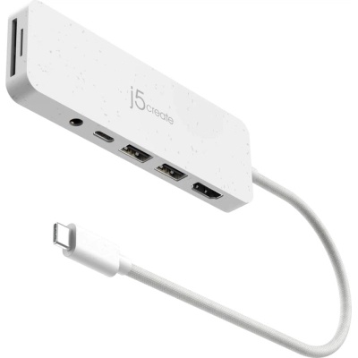 Концентратор J5create USB-C 6-in-1 2xUSB 3.2 + USB-C PD + HDMI 4K + SD/TF + 3.5mm white (JCD373EW-N)