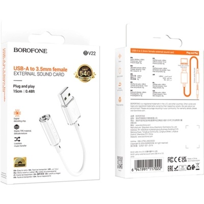 Перехідник USB-A to 3.5mm F 1.0m BV22 white BOROFONE (6941991117022)