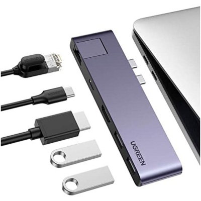 Концентратор Ugreen USB3.1 MacBook Pro 2*Type-C to HDMI/USB 3.0x2/HDMI/RJ45/PD CM218 (50984)