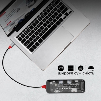 Концентратор Promate USB-C 8-in-1 USB-C PD100W + HDMI 4K60Hz + USBC + 2xUSB 3.0 + RJ45 1000Mbps + SD/MicroSD grey (transhub-mini)