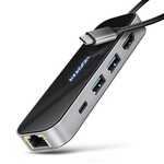 Концентратор AXAGON USB-C to 2xUSB-A + 1xUSB-C + HDMI + RJ45 + PD100W 0.2m grey (HMC-6GLN)
