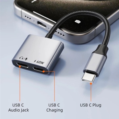 Перехідник USB-C M to USB-C F Audio + USB-C F PD60W Cabletime (CA915781)