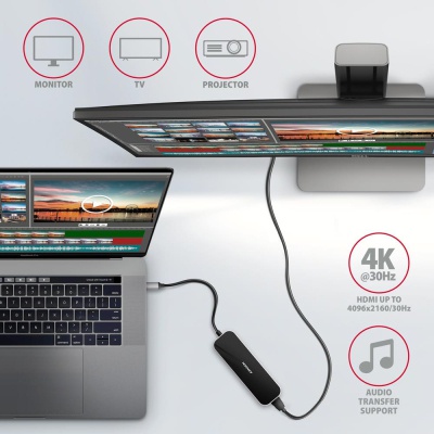 Концентратор AXAGON USB-C 6-in-1 to 4xUSB-A 5Gbps + 1xUSB-C PD100W + HDMI 4K30Hz 0.2m aluminum (HMC-6H4A)