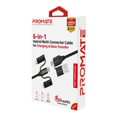 Дата кабель USB 2.0 AM to Lightning + Micro 5P + Type-C pentapower.black Promate (pentapower.black)