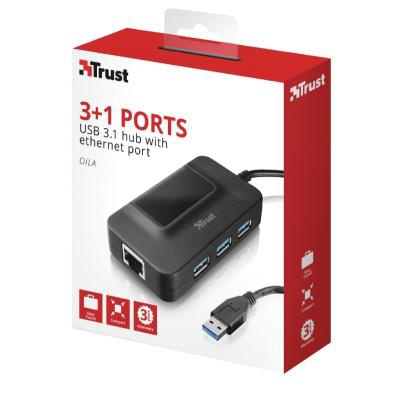 Концентратор Trust Oila 3 Port USB 3.0 Hub with network port (20789)