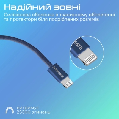 Дата кабель USB-C to Lightning ecoline-ci120.navy Promate (ecoline-ci120.navy)