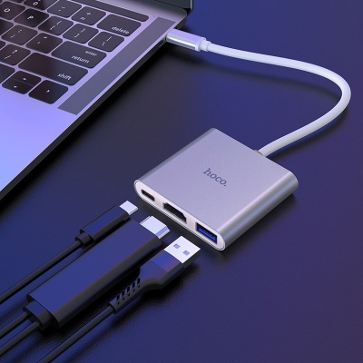 Концентратор HOCO USB-C to USB3.0+HDMI+PD HB14 Silver (6931474725790)