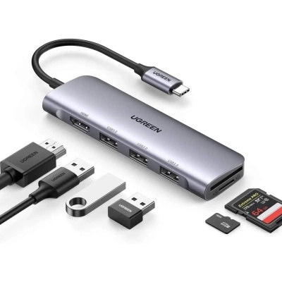 Концентратор Ugreen USB-C to 3xUSB 3.0 + HDMI + SD/TF CM195 gray (70410)
