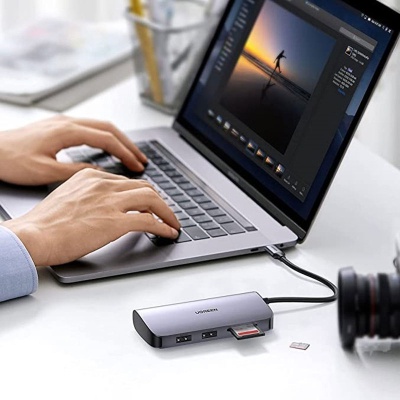 Концентратор Ugreen USB3.0 Type-C to USB 3.0x2/HDMI/RJ45/SD/TF/PD CM212 gray (50852)