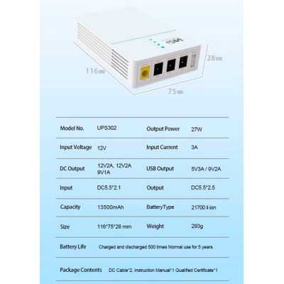 Пристрій безперебійного живлення RCI для роутера WGP 27W вх:5.5x2.1, вих:5.5x2.5 12V/2A, 9V/1A, USB (UPS302 / 560580)