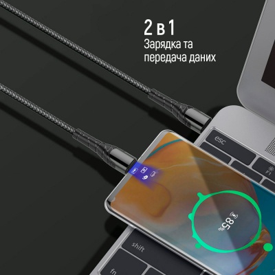 Дата кабель USB-C to USB-C 1.0m PD Fast Charging 65W 3А grey ColorWay (CW-CBPDCC040-GR)