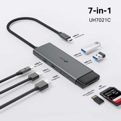 Концентратор TP-Link USB-C 7-in-1 3xUSB + HDMI + SD/TF + USB-C PD100W (UH7021C)
