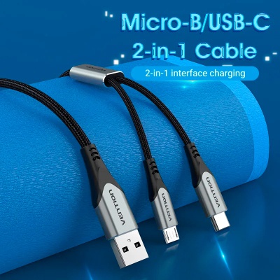 Дата кабель USB 2.0 AM to Micro 5P + Type-C 0.5m Y-Splitter 480Mbps Aluminum Alloy Gray Vention (CQGHD)